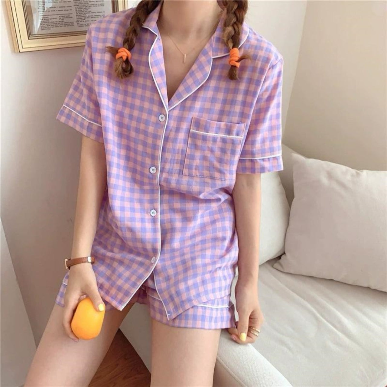Home Wear Check & Printed Pattern Shirt & Shorts for Women