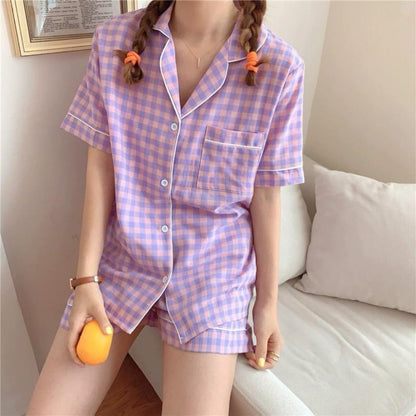 Home Wear Check & Printed Pattern Shirt & Shorts for Women