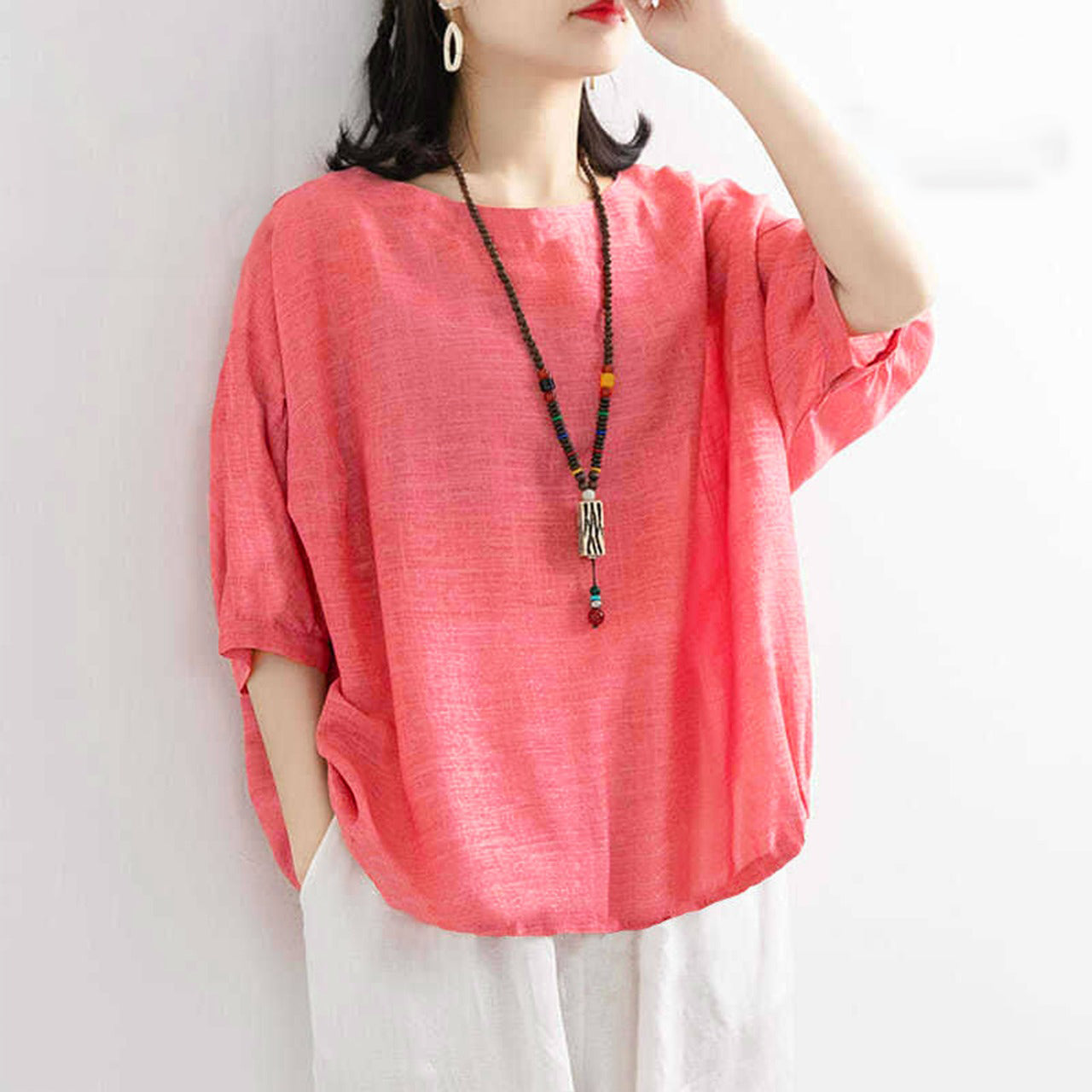 Casual Loose Fit 3/4 Sleeve Solid Color Pullover Top for Women