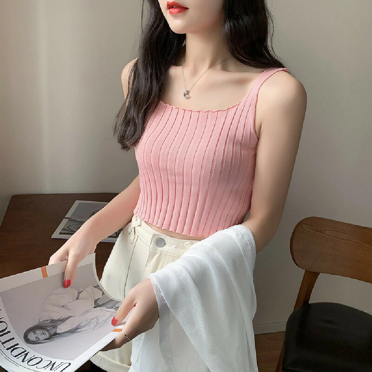 Solid Color Square Neck Sleeveless Crop Top for Women