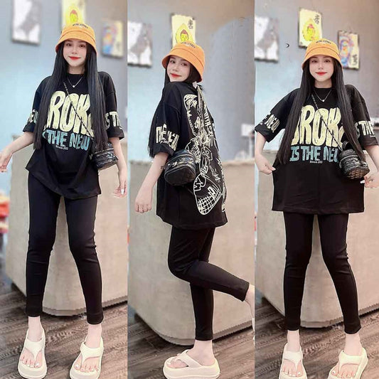 3/4 Sleeve Fashion Printed T-shirt & Pants for Women