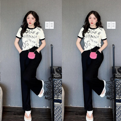 Latest Summer Printed Fashion Short Sleeve T-shirt & Pants for Women