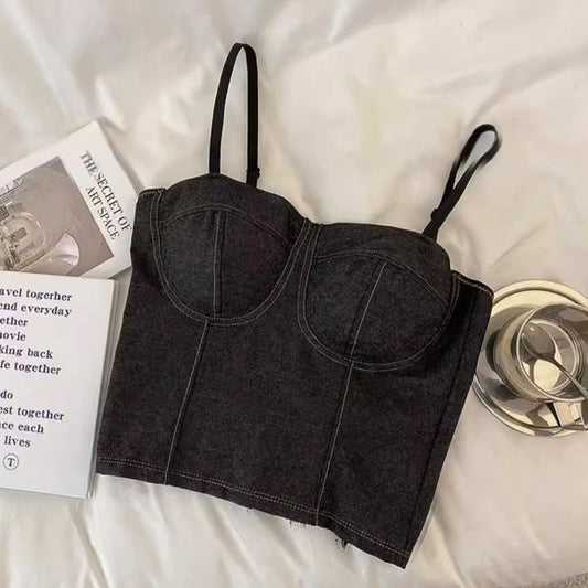 Push Up Denim Style Crop Top Solid for Women
