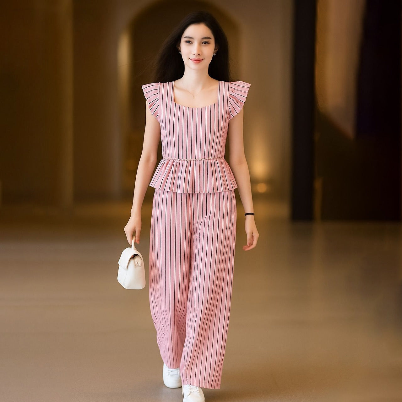 Striped Pattern Office Fashion Party Wear Wide Leg Pant & Suit Set for Women