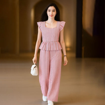 Striped Pattern Office Fashion Party Wear Wide Leg Pant & Suit Set for Women