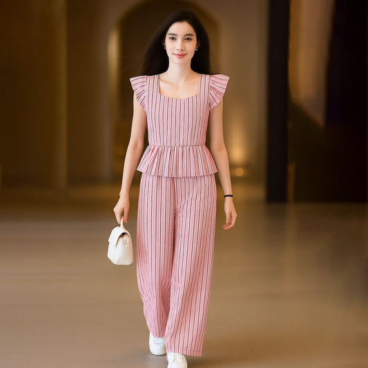 Striped Pattern Office Fashion Party Wear Wide Leg Pant & Suit Set for Women
