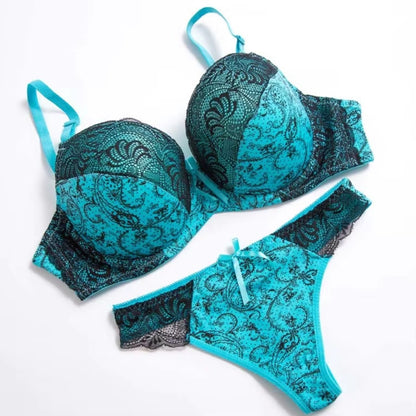 Embroidery Floral Print Lace-Up Bra & Panties for Women