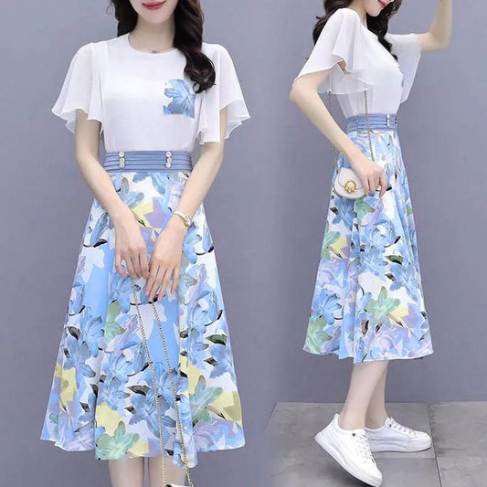 Elegant Floral Design Multicolor Style Casual Short Sleeve Midi Dress for Women