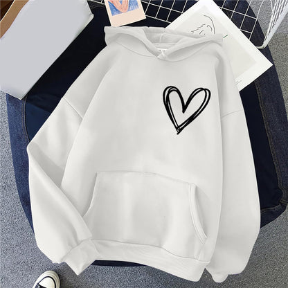 Simple Heart Printed Solid Color Loose Fit Hoodies for Women