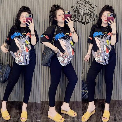 Cartoon Tom Printed T-shirt & Pants for Women