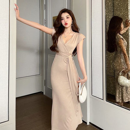 Latest Maxi Full Length Solid V Neck Dress for Women
