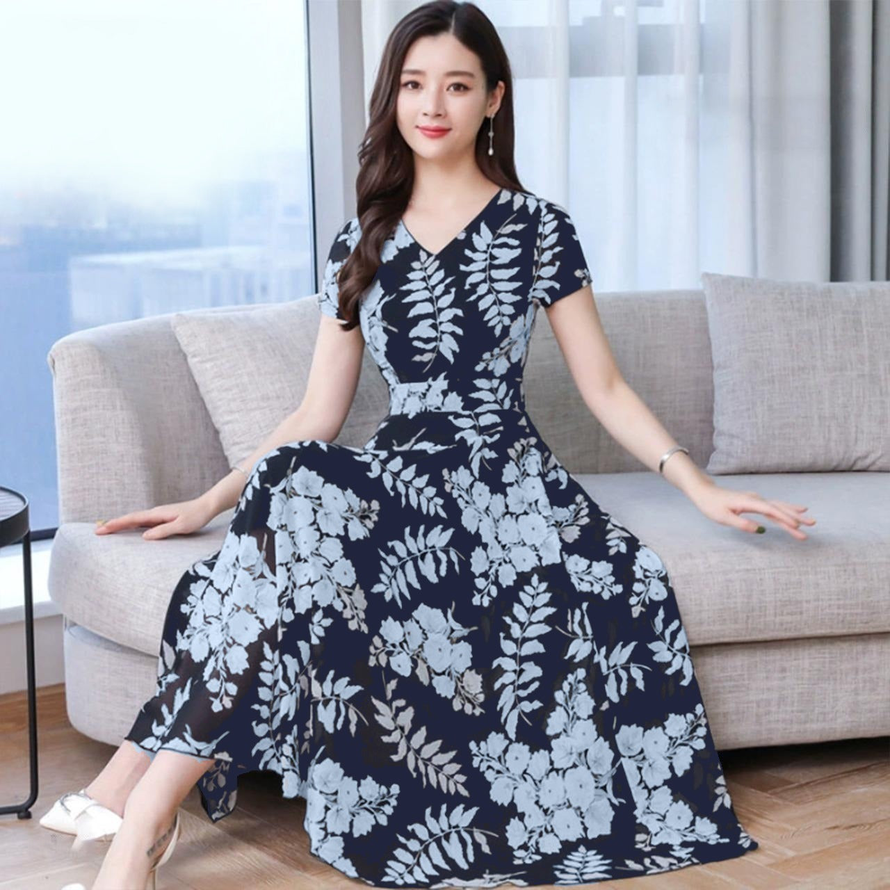 Summer Fashion Print Short Sleeve V-Neck Dress for Women