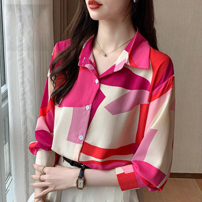 Latest Layer Print Pattern Casual Silk Blouse Shirt for Girls