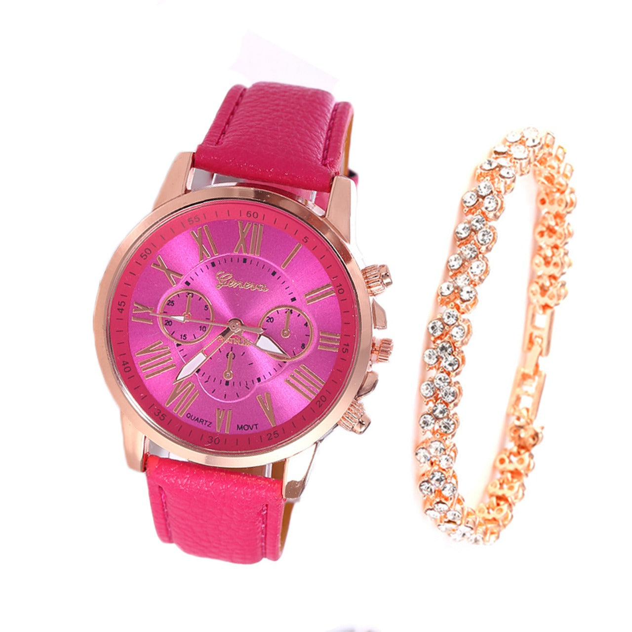 Roman Dial Style Solid Strap Wrist Watch & Bracelet for Women