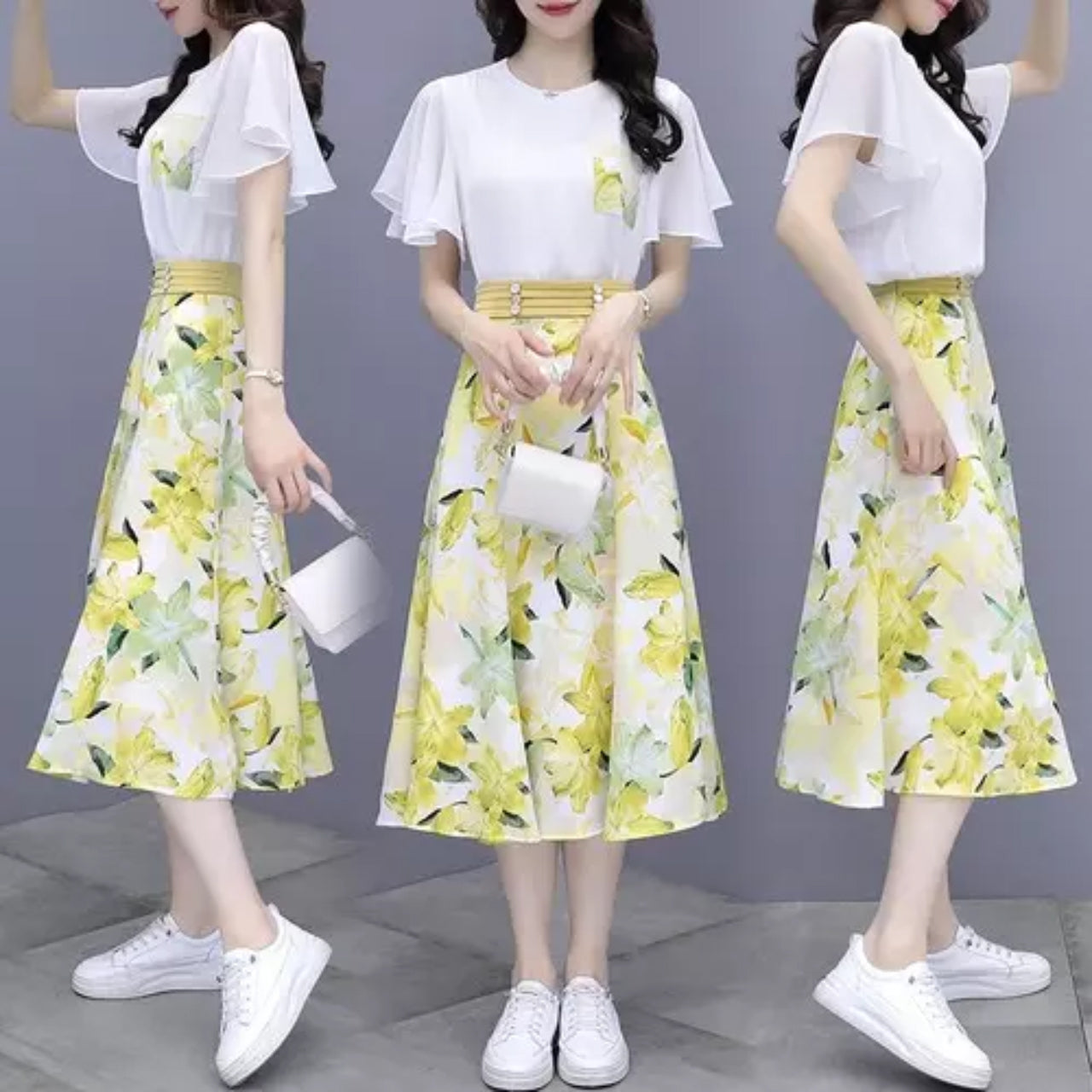 Elegant Floral Design Multicolor Style Casual Short Sleeve Midi Dress for Women