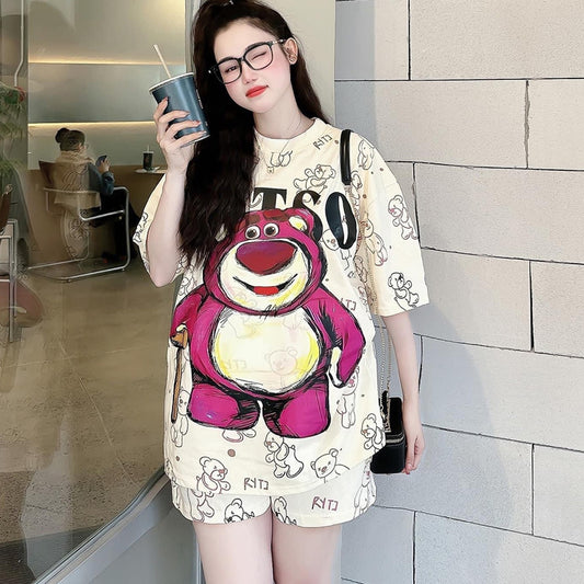 New Bear Design Printed Fashion Round Neck T-shirt & Shorts for Women