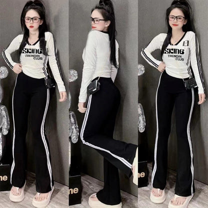 Text Printed Full Sleeve T-Shirt & Line Wide Leg Pant for Women