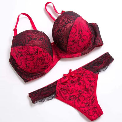 Embroidery Floral Print Lace-Up Bra & Panties for Women