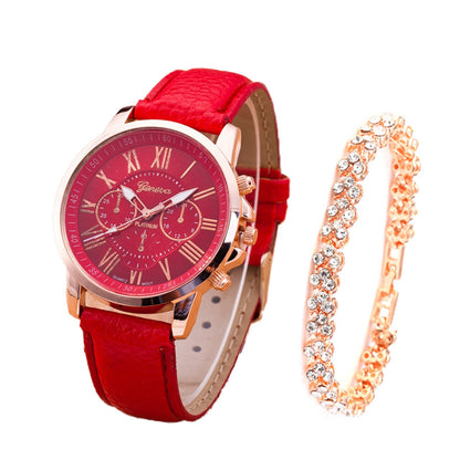 Roman Dial Style Solid Strap Wrist Watch & Bracelet for Women