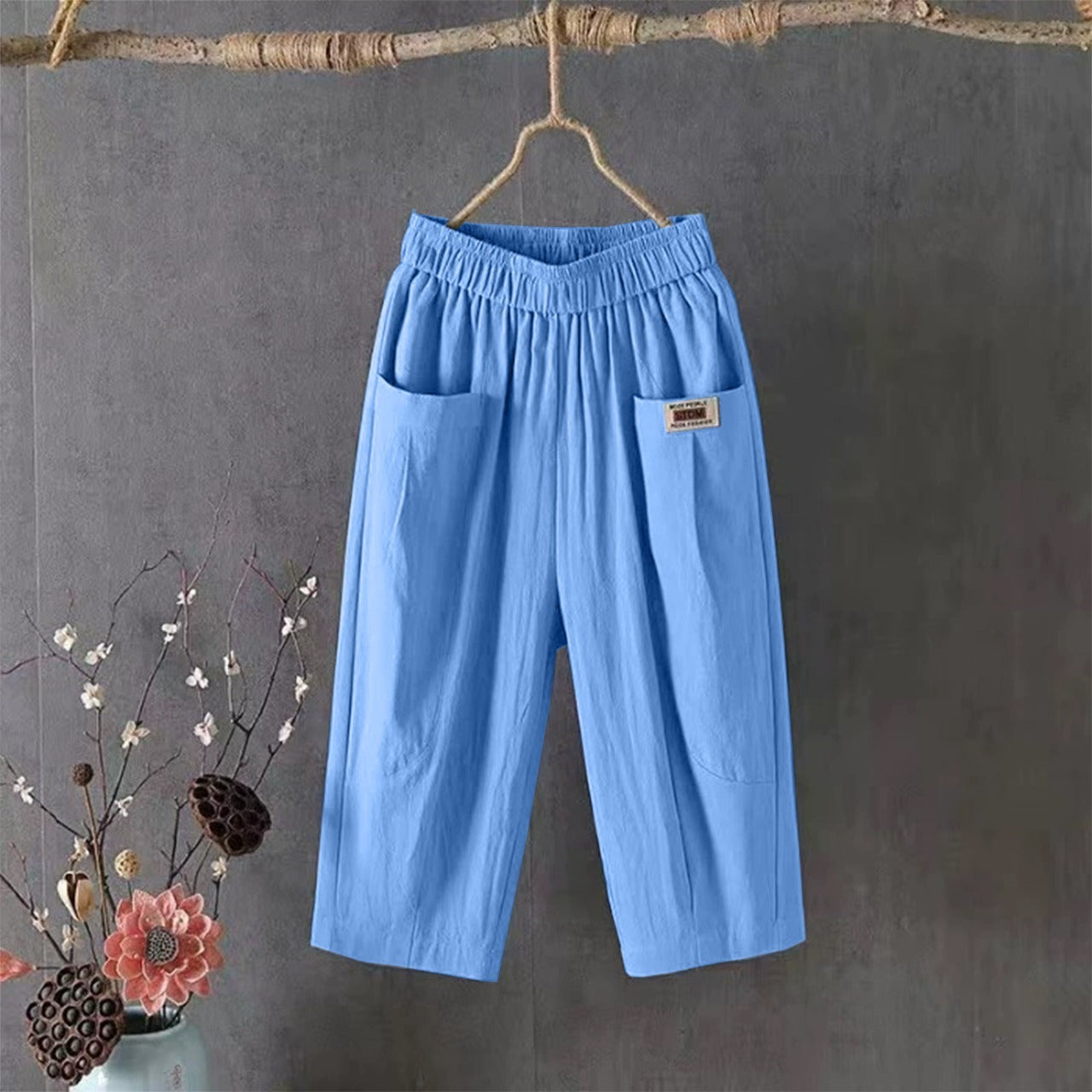 Solid Cotton Linen Wide Leg Pants for Women