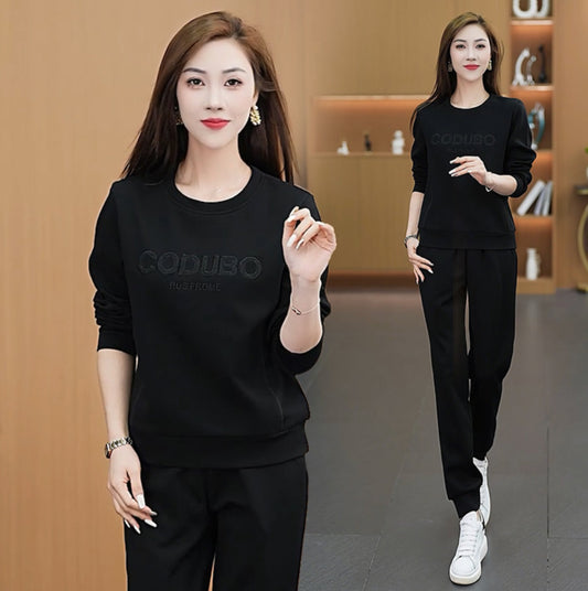 Korean Solid Color Round Neck T-shirt & Long Pants for Women