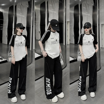Printed Korean Fashion Short Sleeve T-shirt & Pants for Ladies