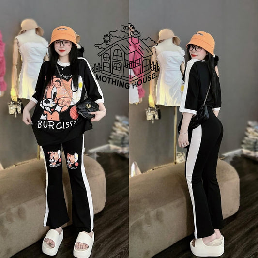 Outdoor Fashion Printed T-shirt & Wide Length Pant for Women