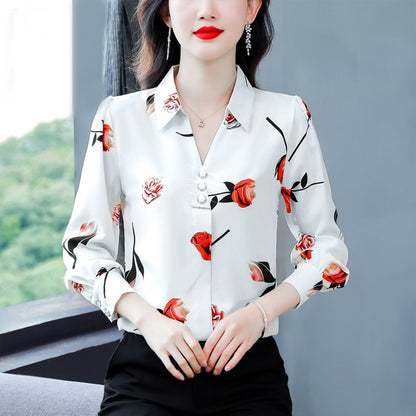 Floral Leaves Print Chiffon Casual 3/4 Button Down Shirt for Women