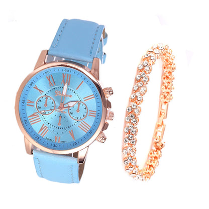 Roman Dial Style Solid Strap Wrist Watch & Bracelet for Women