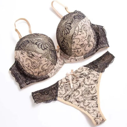 Embroidery Floral Print Lace-Up Bra & Panties for Women