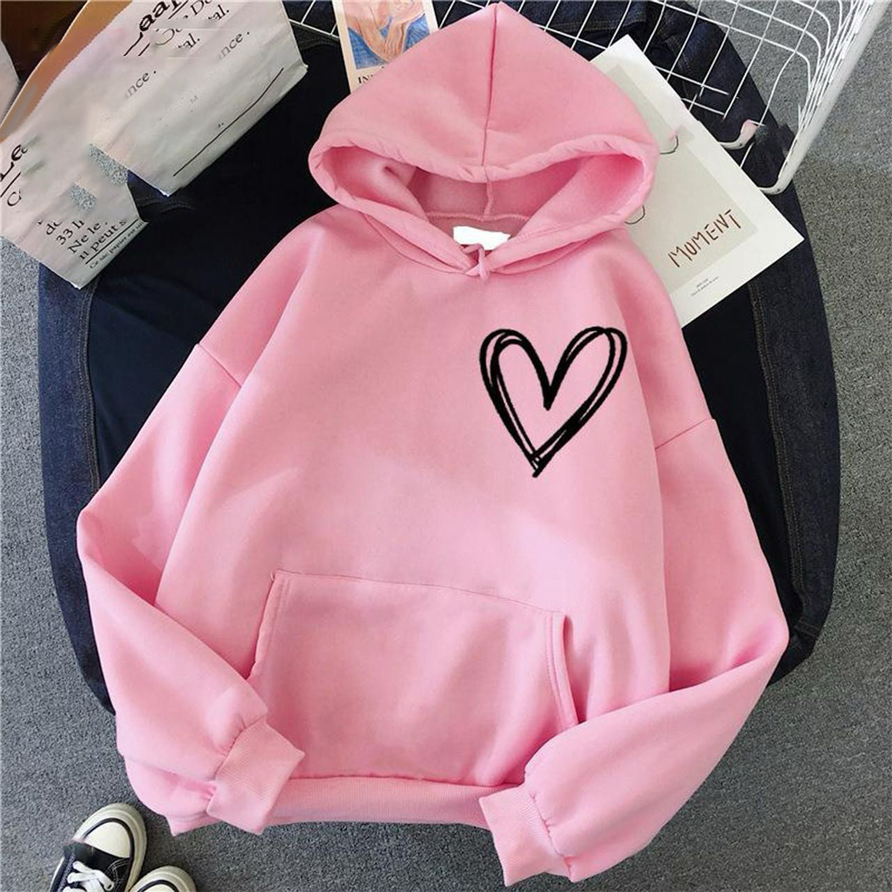 Simple Heart Printed Solid Color Loose Fit Hoodies for Women