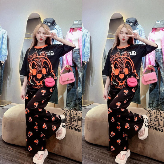 Printed Fashion Loose Fit Casual T-shirt & Pants for Women