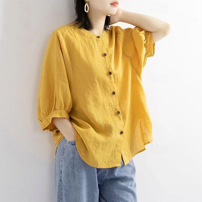 Solid Color Puff Sleeve Linen Shirt for Women