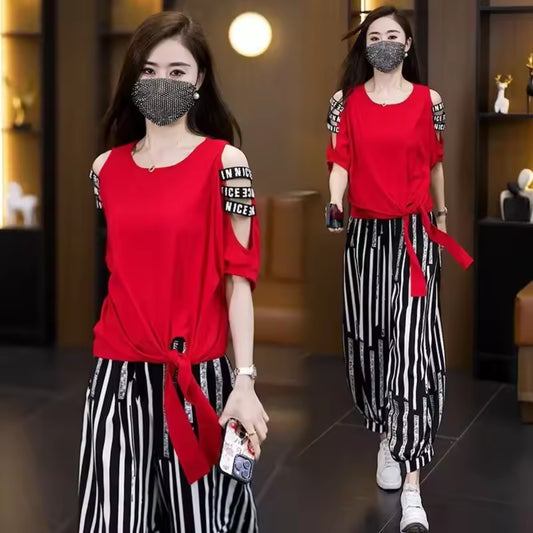 Solid Fashion Top & Striped Pattern Pants for Women