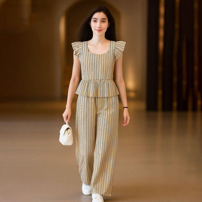 Striped Pattern Office Fashion Party Wear Wide Leg Pant & Suit Set for Women