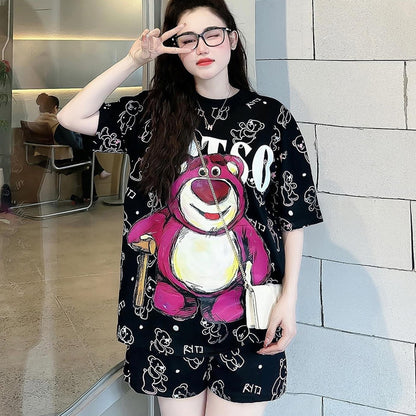 New Bear Design Printed Fashion Round Neck T-shirt & Shorts for Women