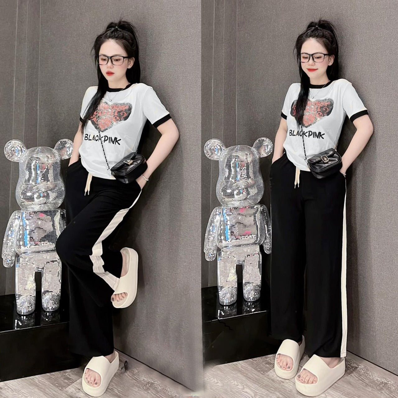 Heart Printed Fashion Short Sleeve T- Shirt & Wide Leg Pant for Women