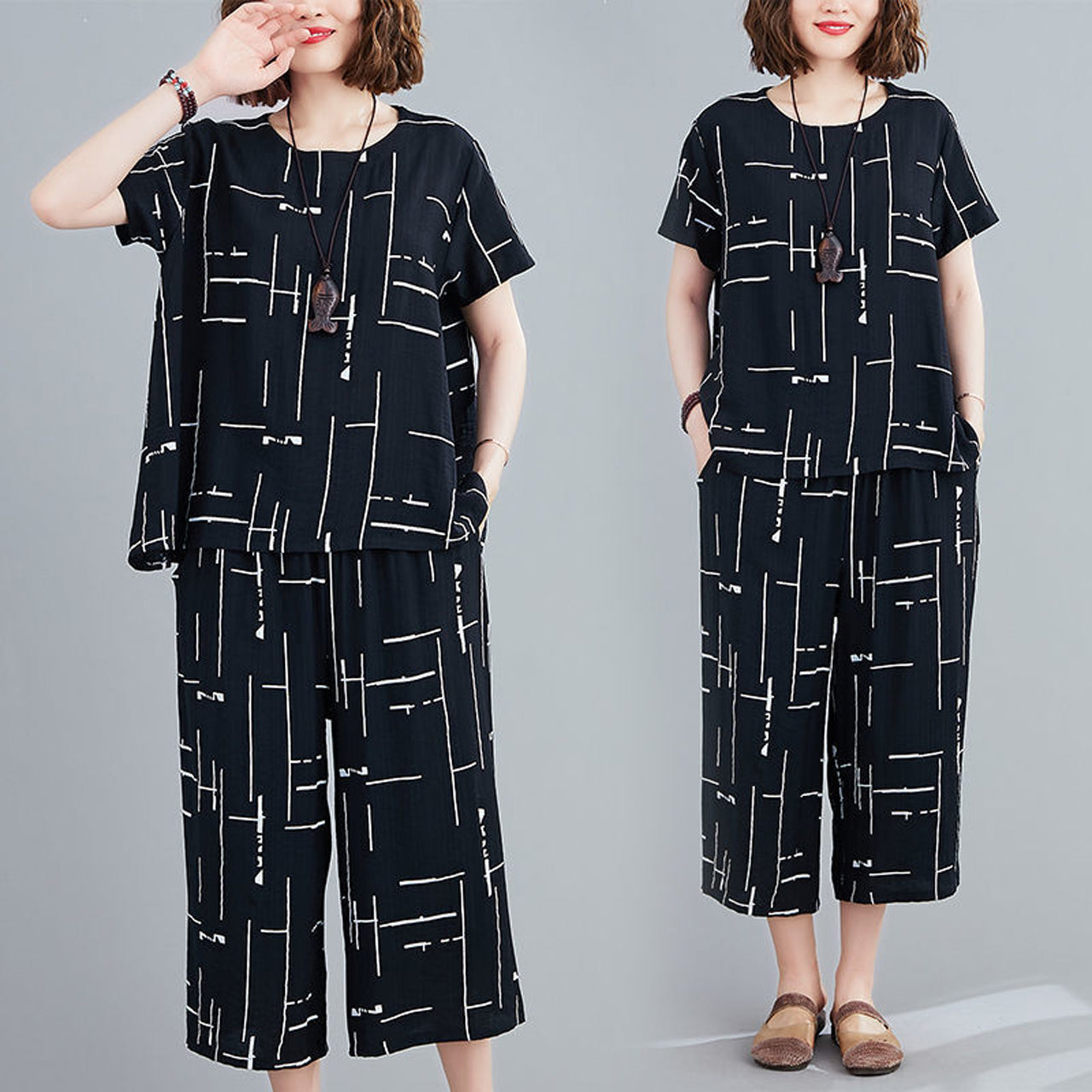 Printed Style Short Sleeve Top & Pant Night Suit Dress for Women