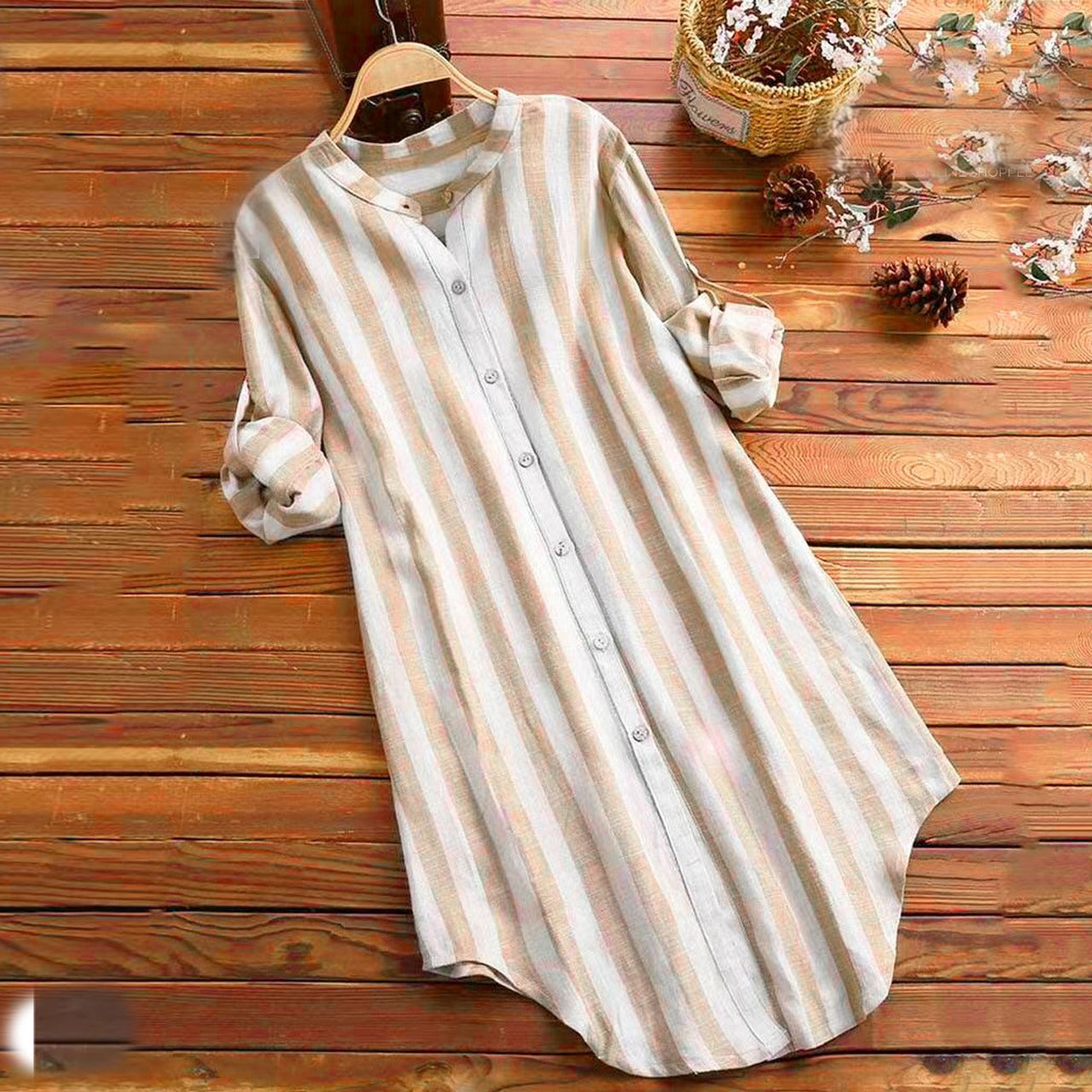 Elegant Striped Pattern Cotton Long Shirt for Women