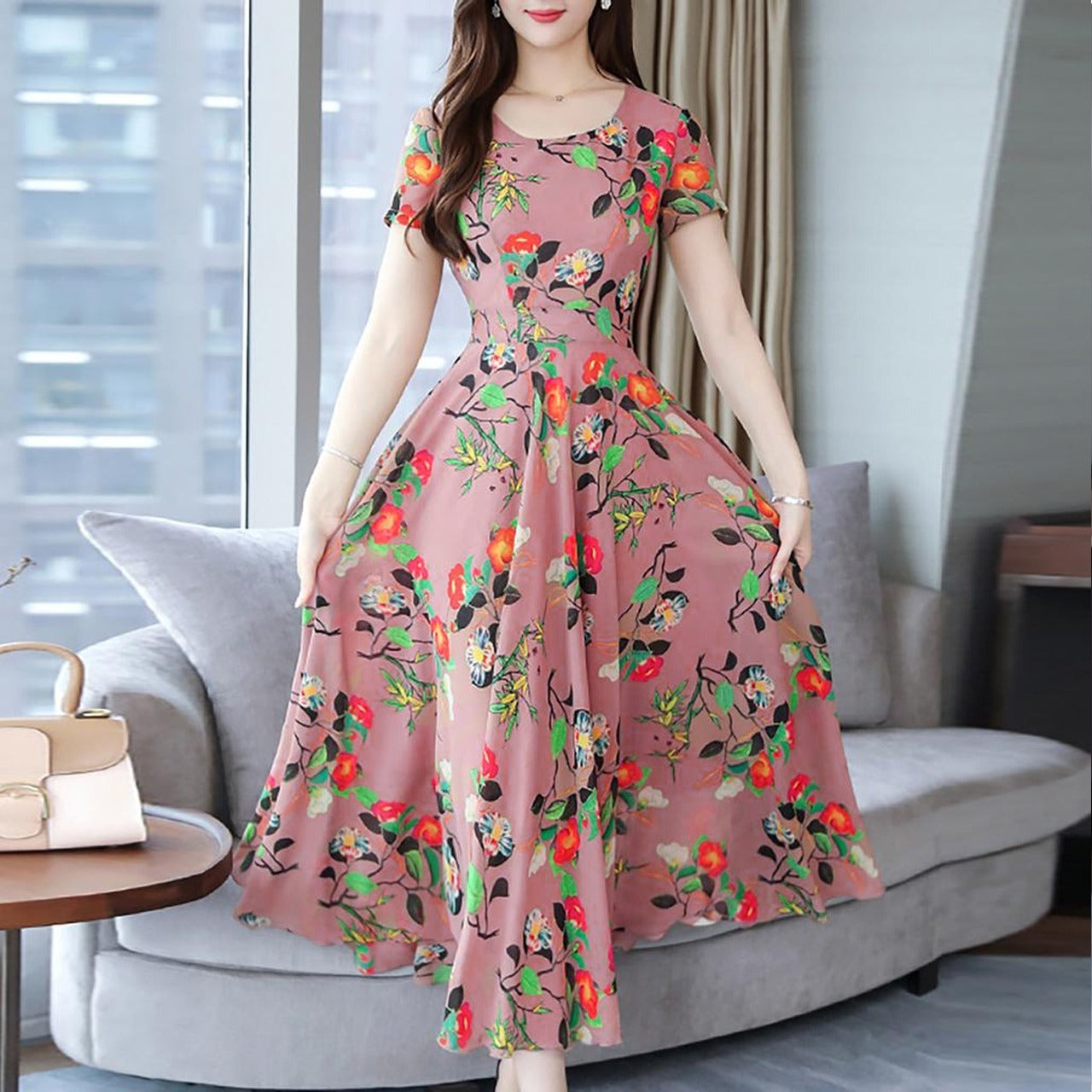 Floral Design Pattern A Line Dress for Women