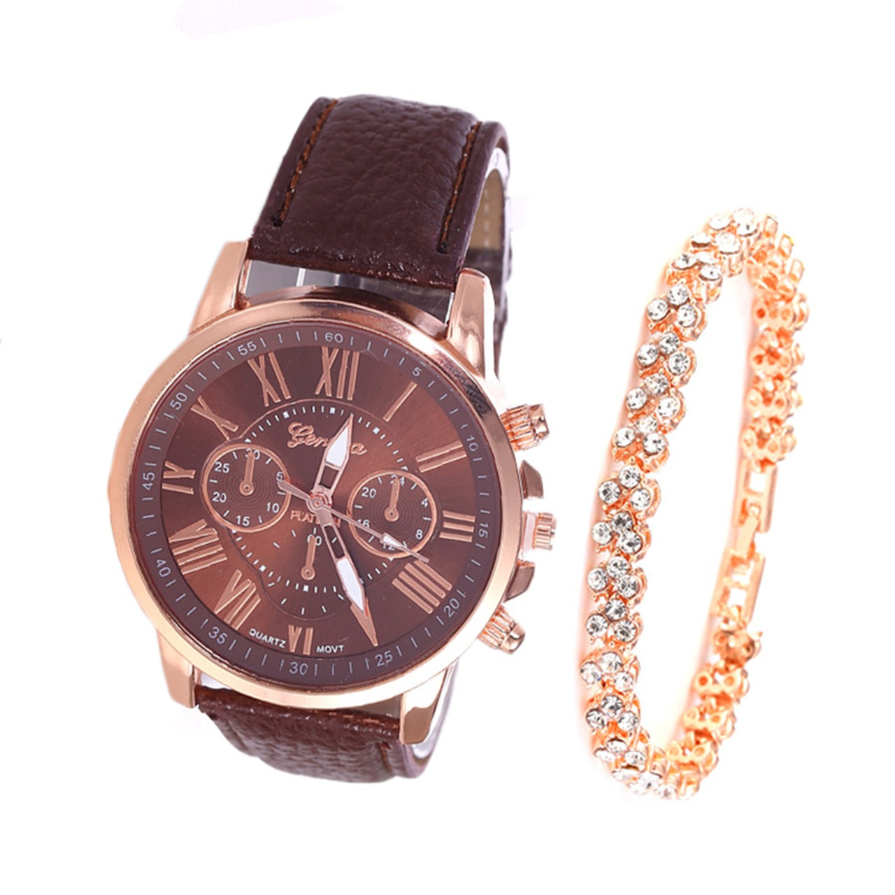 Roman Dial Style Solid Strap Wrist Watch & Bracelet for Women