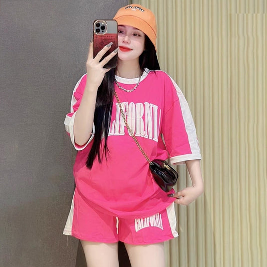 Text Printed Fashion Oversized Casual T-shirt & Shorts for Women