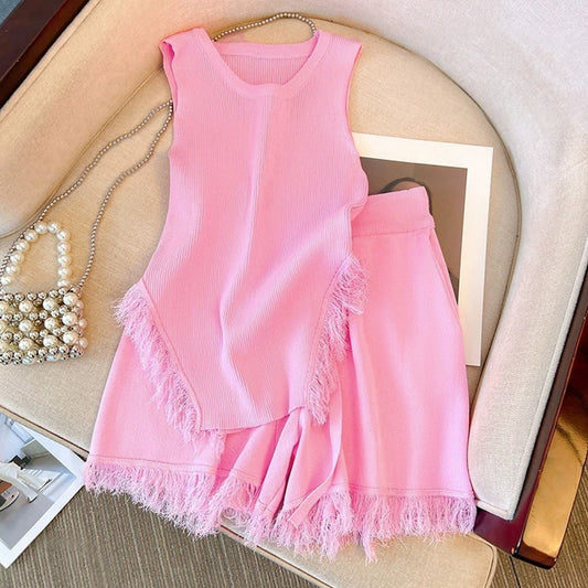 Knitted Solid Camisole Top & Shorts for Women