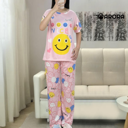 Smile Printed Fashion Short Sleeve T-shirt & Pants for Women