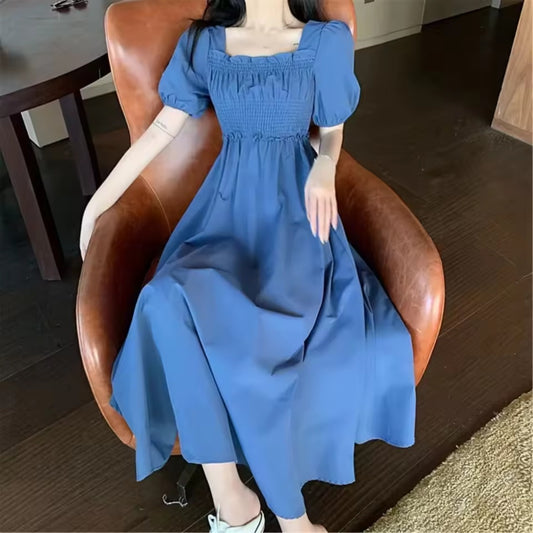 Puff Sleeve Fashion Solid Short Sleeve Dress for Women
