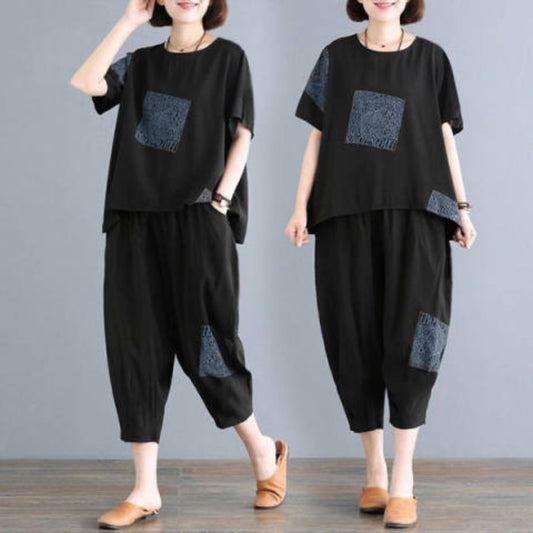Sleeveless Design Pattern Tummy Hiding Loose Slimming Leisure Pant T-shirt for Women