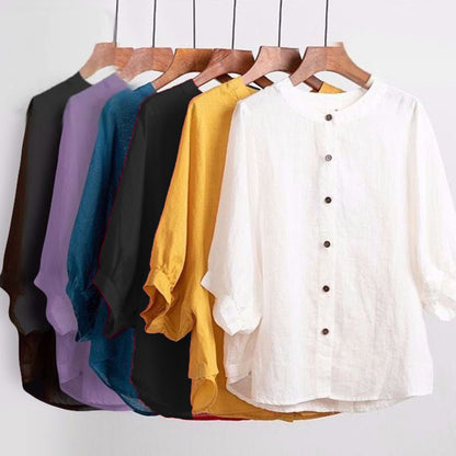 Solid Color Puff Sleeve Linen Shirt for Women