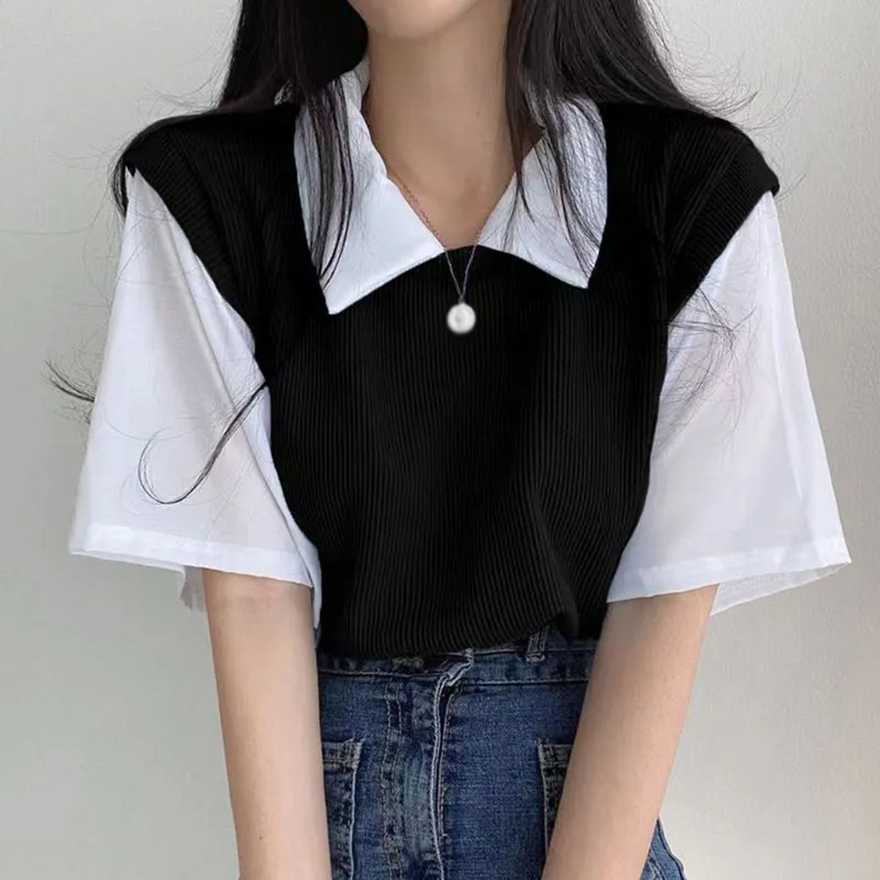 Vintage Style Turn Down Collar Fake Two Piece Loose Fit Student Shirt