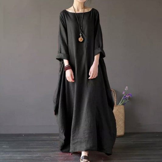 Solid Color Vintage Bat Sleeve Fashion Oversize Long Dress for Women