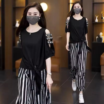 Solid Fashion Top & Striped Pattern Pants for Women